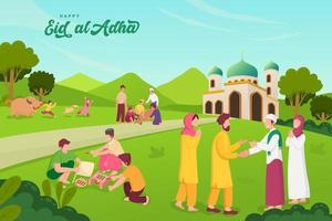 tarjeta de felicitación feliz eid al-adha mubarak con pueblos musulmanes celebrando eid al-adha mubarak vector