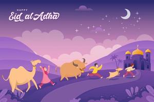 Eid al-Adha greeting card. Cartoon muslim kids bring animals for sacrifice in eid al adha mubarak vector