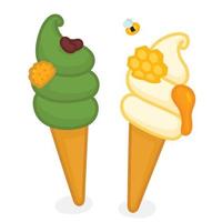 Soft serve ice cream green tea latte and honey in the cones kawaii doodle flat vector illustration