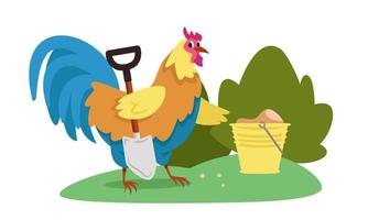 Rooster with shovel and bucket. vector