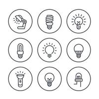 light bulbs line icons in circles, LED, CFL, fluorescent, halogen, lamp, flashlight vector