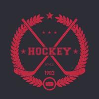 emblema vintage de hockey, logo con palos cruzados, rojo sobre oscuro vector