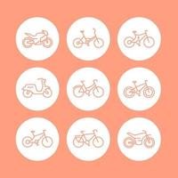 Bikes line icons set, bicycle icon, bike, cycling, motorcycle, motorbike, fat bike, scooter, electric bike, vector illustration