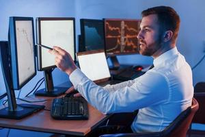 Many of the monitors. Stock trader working in the office with exchange technology photo