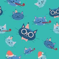 Cute pattern Happy New 2023 Year. Set of cats with holiday attributes. Flat vector illustration.