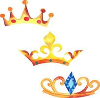 set of gold crown with rust. Watercolor of the crown of monarchy with blue ornaments and curlicues