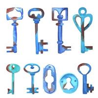 watercolor set of old rusty keys, hand-drawn on white background. Vintage elements. Blue keys vector