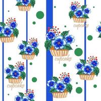 Cestas de pastel de patrón transparente de color agua, cupcakes, muffins decorados con tres flores azules sobre fondo azul rayado elegante estampado floral para tela, diario, ropa de cama, menú, bolsos vector