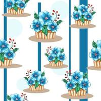 watercolor seamless pattern of sponge cake basket,  cupcake, muffins, shortbread cookies decorated with three blue flowers on striped blue background.  floral print for fabric, diary, linen, menu, bag vector