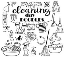 Cleaning day, set of different icons with scribbles. big wash. Collection of vector illustrations of household chores. tools, household chemicals, laundry items, iron, water tap hand-drawn lines.