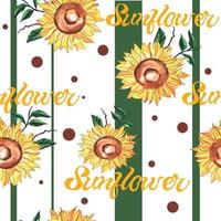 Bright summer watercolor seamless pattern of sunflower flowers with leaves on striped background with circles. Trendy fashion template for fabric, bullet journal, packaging, booklet, napkins. vector