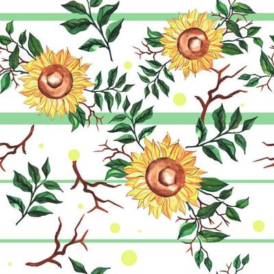 watercolor seamless pattern of meadow sunflowers with foliage and tree branch on background of stripes and circles. cute fashion template for bullet journal, fabric, packaging, paper. vector. Vintage