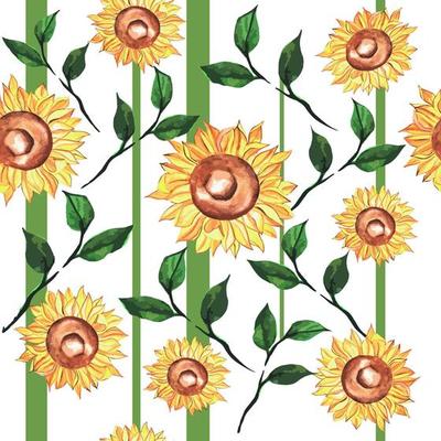 beautiful watercolor seamless pattern of sunflower flowers with leaves and twigs on striped background. elegant floral print for fabric, diary, bed linen
