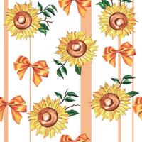 cute watercolor seamless silk pattern, satin bows of gold color and sunflower flowers on striped background. pattern with bow made of gold ribbon for fabric, bullet journal, packaging, booklet. vector
