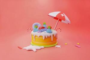 Milk Cake icing with a cute chocolate bar, donut, and red strawberry topping for the winter season, holiday concept 3d illustration photo