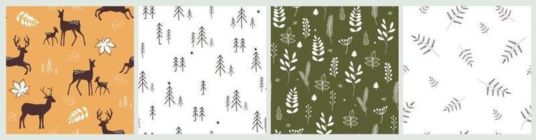 Seamless pattern with a simple natural Scandinavian ornament with a forest, deer. Abstract trees with leaves, bushes, branches with berries. Vector graphics.