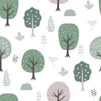 Seamless pattern with a simple Scandinavian ornament with a forest. Abstract trees with leaves, bushes, branches with berries. Vector graphics.