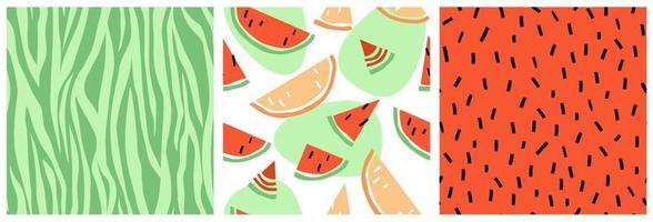 A set of seamless patterns with watermelons. Summer juicy bright print with fruit. Vector graphics.