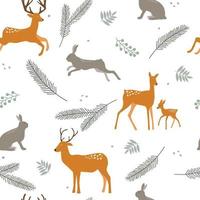 Seamless pattern with summer forest print. Adult deer, fawn, hares, rabbits among spruce branches, leaves, berries. Vector graphics.