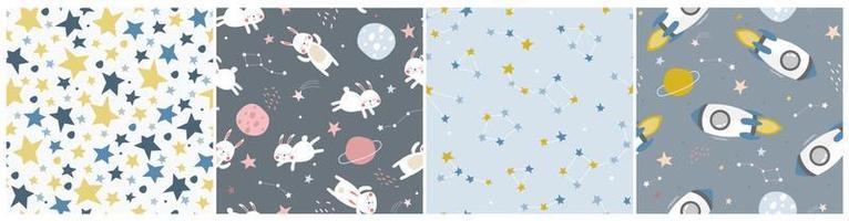 A set of seamless patterns with outer space. Rockets, rabbits, stars in the universe. Children's abstract cute pattern. Vector graphics.