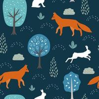 Seamless pattern with a summer forest print. Fox, hares, rabbits among trees, leaves, bushes. Natural Scandinavian print. Vector graphics.