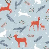 Seamless pattern with winter forest print. Adult deer, hares, trees, spruce in the snow, berries. Vector graphics.