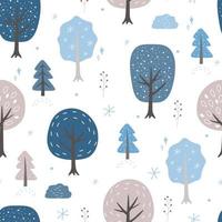 Seamless pattern with a simple Scandinavian winter ornament with a forest. Abstract snow trees with leaves, bushes, branches with berries. Vector graphics.