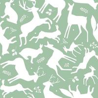 Seamless pattern with silhouettes of wild forest animals, leaves. Natural ornament with hares, foxes, deer. Vector graphics.