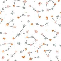 Seamless pattern with constellations of the starry sky. Floral dream romantic print with butterflies. Vector graphics.