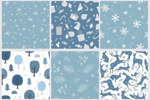 A set of seamless patterns with a winter Christmas ornament. Snowy forest, silhouettes of animals, gifts, snowflakes, sweets. Vector graphics.