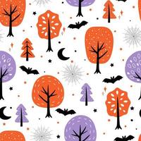 Seamless pattern of a fabulous scary abstract forest for Halloween. Bats, cobwebs, the night moon. Vector graphics.