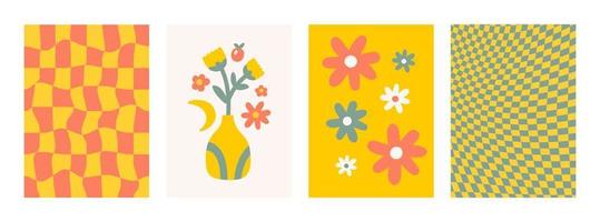 Retro set colorful backgrounds with groovy daisy flowers and distorted checkerboard. Vintage floral art prints in style hippie 60s, 70s. Vector illustration