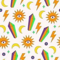 Colorful seamless pattern of magical elements in groovy retro style 70s-80s. Trendy vector illustration