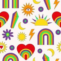 Colorful seamless pattern of magical elements in groovy retro style 70s-80s. Trendy vector illustration