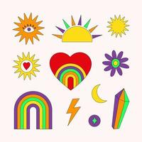 Colorful set of hippie retro vintage icons in 70s-80s style. Trendy vector illustration. All objects are isolated