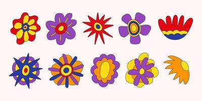 Retro collection of colorful hippie flowers. Vintage festive groovy botanical design. Trendy vector illustration in 70s and 80s style.