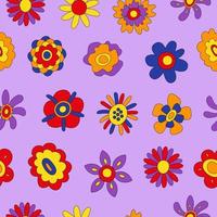 Retro seamless pattern of colorful hippie flowers on a purple background. Vintage festive groovy botanical design. Trendy vector illustration in 70s and 80s style.