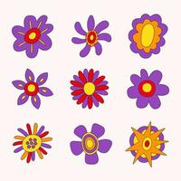 Retro collection of colorful hippie flowers. Vintage festive groovy botanical design. Trendy vector illustration in 70s and 80s style.