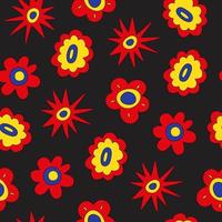Retro seamless pattern of colorful hippie flowers on a black background. Vintage festive groovy botanical design. Trendy vector illustration in 70s and 80s style