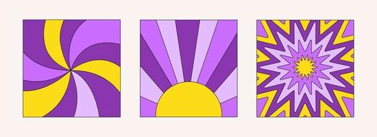 Trendy colorful set of retro backgrounds in style 70s, 80s. Abstract set hippie cards in yellow and purple colors. Vector illustration