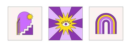 conjunto colorido de moda de fondos retro en estilo años 70, 80. Conjunto abstracto de tarjetas hippie en colores amarillo y morado. ilustración vectorial vector