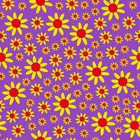 Retro seamless pattern of colorful hippie flowers on a purple background. Vintage festive groovy botanical design. Trendy vector illustration in 70s and 80s style.