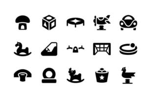 íconos de glifos de juegos que incluyen hongos, cubos, trampolines, helicópteros, autos, caballos, autos chocadores, balancines, wicket, cajas de arena, baloncesto, neumáticos, elefantes, baldes, listas