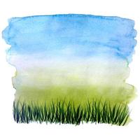 Watercolor background Spring Summer blue sky and green grass. Vector illustration