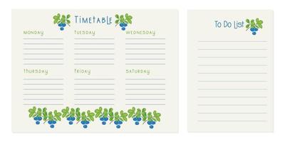 Timetable Blueberry , Class schedule, weekly calendar and to-do list. Weekly schedule. Organizer information template. Empty school timetable. Empty to-do list. Planning sheet planning. vector