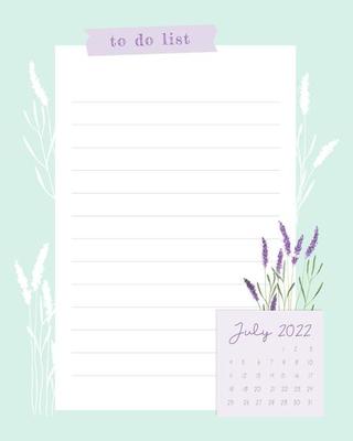 Calendar July 2022 To do list , template, blank, lavender watercolor stamp, scrapbooking, plans, vintage.