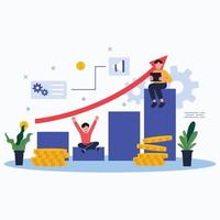 inversionista con laptop monitoreando el crecimiento de los dividendos. comerciante sentado en una pila de dinero, invirtiendo capital, analizando gráficos de ganancias. ilustración vectorial para finanzas, comercio de acciones, inversión vector