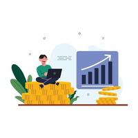 Investor with laptop monitoring growth of dividends. trader sitting on stack of money, investing capital, analyzing profit graphs. vector illustration for finance, stock trading, investment