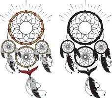 Dream catcher decorated with feathers and beads. Hand drawn vector illustration. Silhouette.