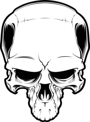 Decrepit evil cartoon skull isolated on white. Tattoo style. Sticker